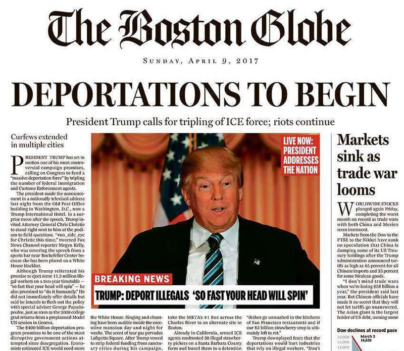 In April 2016, when few pundits gave Donald Trump much chance of victory, the Boston Globe Opinion team tried to imagine, via the satirical Ideas cover pictured here, how the world might look should he keep his promises. “In key ways, our page was eerily prescient,” the Globe wrote on April 29.